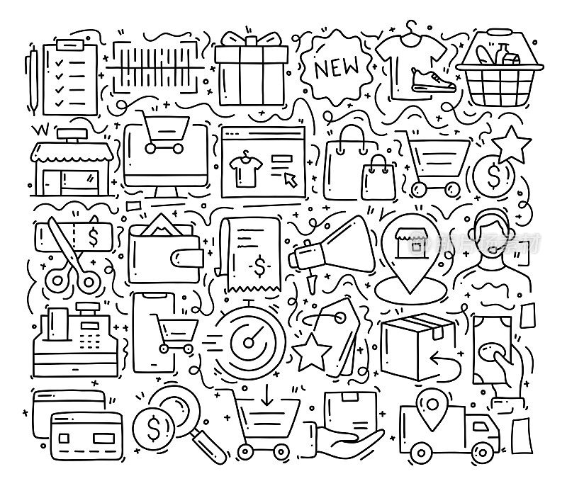 购物和零售相关的对象和元素。手绘矢量涂鸦插图集合。手绘图案设计