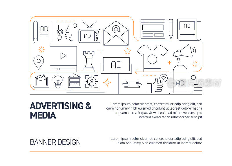 广告和媒体相关的矢量横幅设计概念，现代线条风格与图标