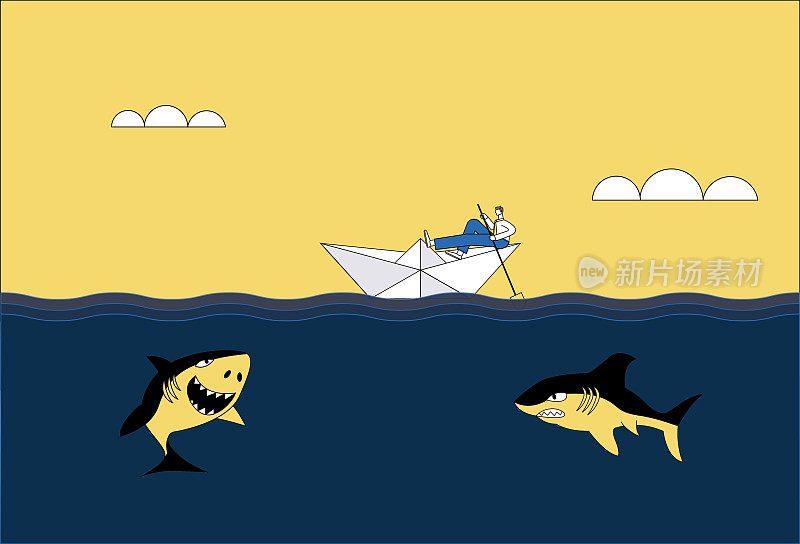 商人驾着纸船与鲨鱼在海上航行。