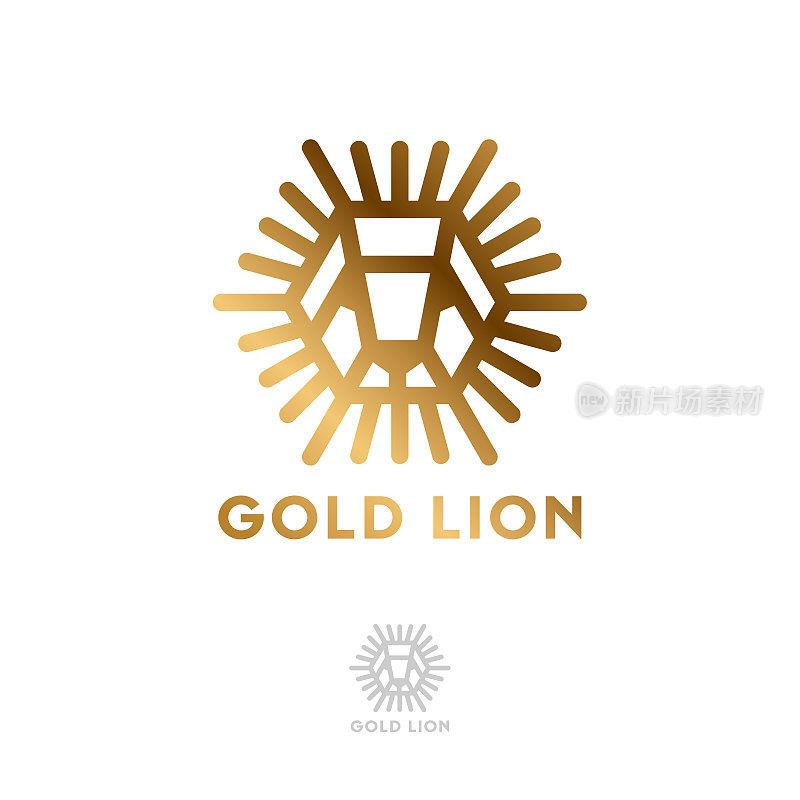 狮子图标。金色的狮子头，像太阳一样光芒四射。几何标志。
