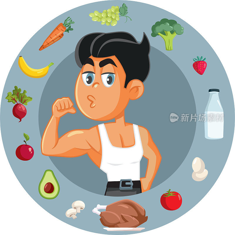 强壮的男人吃健康的矢量卡通插图