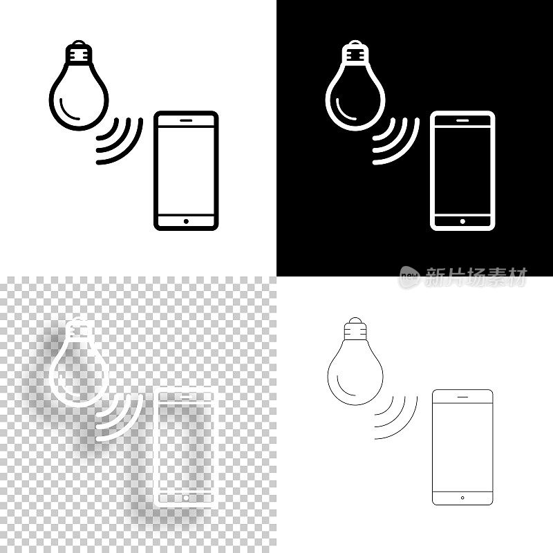 智能灯泡与智能手机。图标设计。空白,白色和黑色背景-线图标