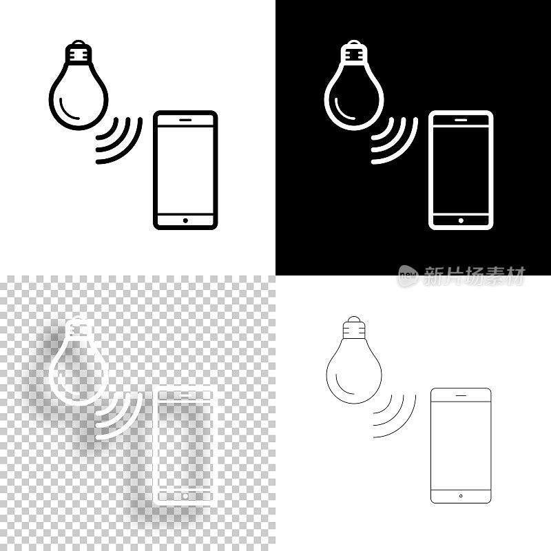智能灯泡与智能手机。图标设计。空白，白色和黑色背景-线图标