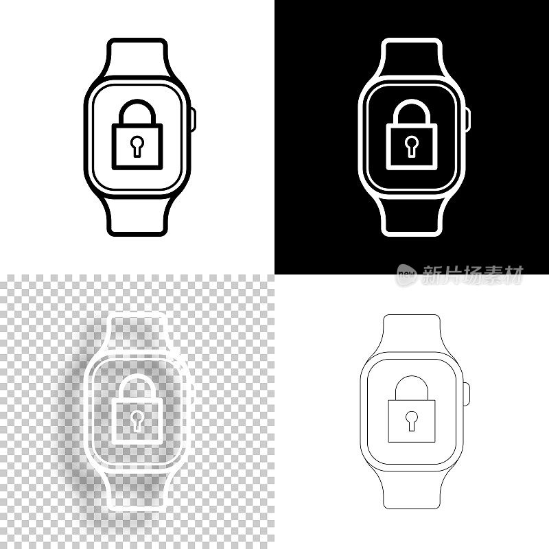 Smartwatch挂锁。图标设计。空白，白色和黑色背景-线图标