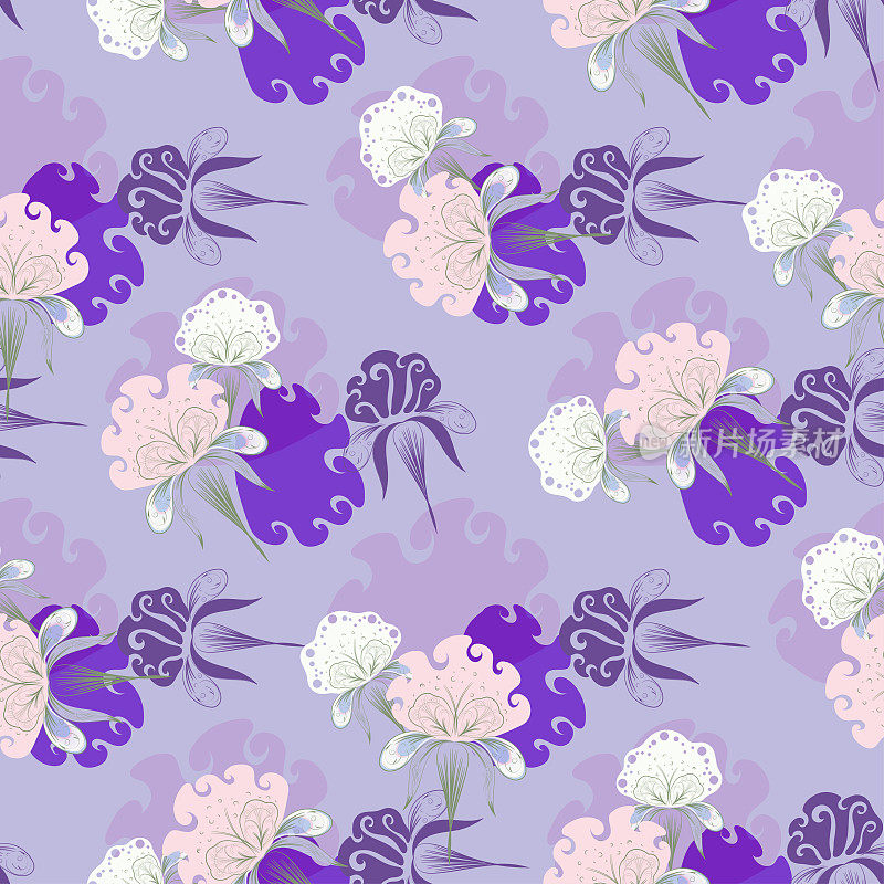 矢量花卉抽象无缝图案的设计织物，包装纸，墙纸，围巾，披肩，希贾布。幻想花朵在淡蓝色的背景上粉彩紫罗兰色。