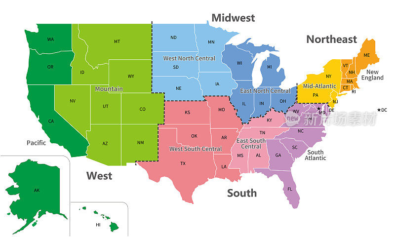 美国地图，4个地区和9个地区的彩色编码，英文