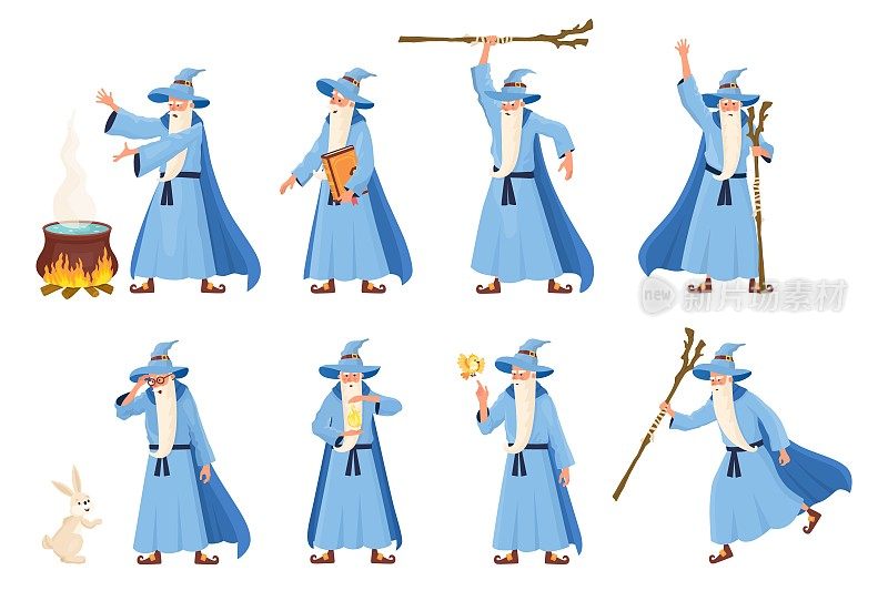 中世纪的向导。可爱的魔法师，卡通魔术师男人装扮的梅林魔法人物神奇的炼金术仙女帽子法师搞笑的精灵智者德鲁伊吉祥物，近代矢量插图