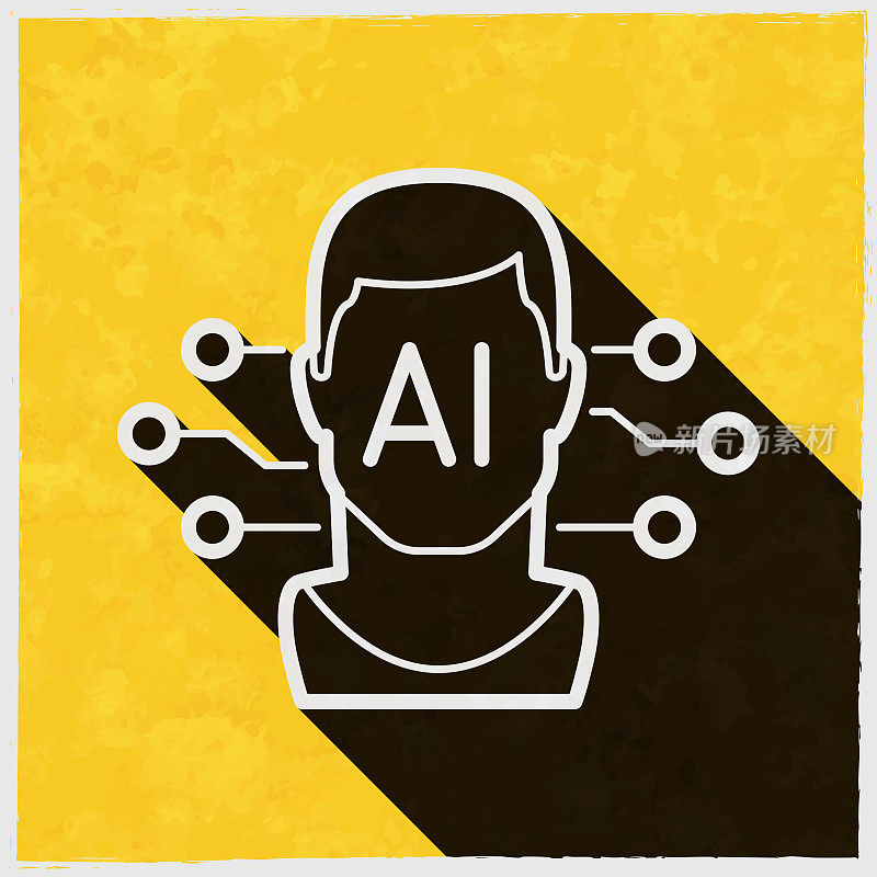 人工智能有男性的脸。图标与长阴影的纹理黄色背景