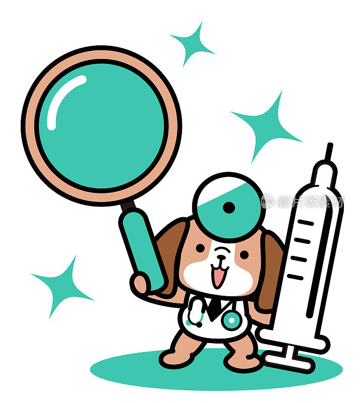 一个可爱的狗医生站着，拿着一个大放大镜和注射器