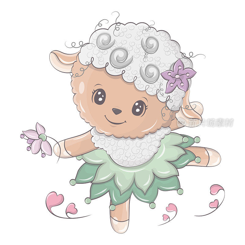 可爱的羊剪纸矢量照明。绵羊穿着漂亮的裙子跳舞。