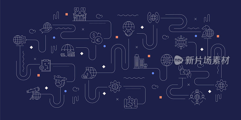 全球业务相关矢量横幅设计概念，现代线条风格与图标