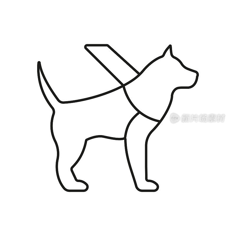 导盲犬服务盲人线图标。导盲犬的象征。训练有素的拉布拉多动物狗狗驯养上牵引带为步行眼残疾人轮廓象形图。孤立的矢量图