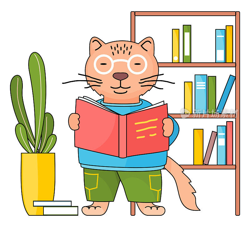 卡通动物学生或老师。聪明的猫戴着眼镜，手里拿着一本书在上课