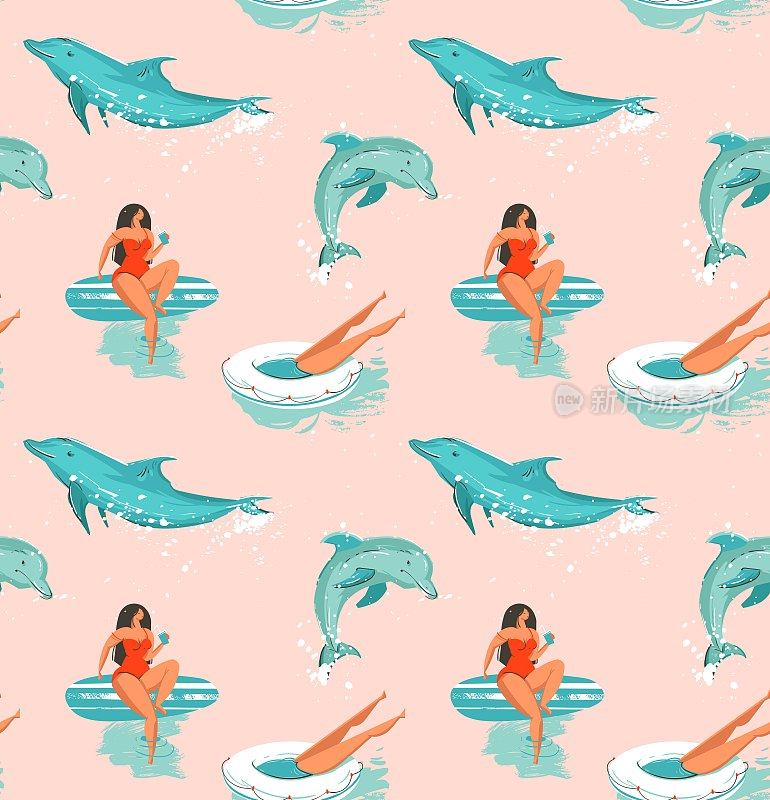手绘矢量抽象夏季时光乐趣无缝图案冲浪女孩在比基尼，狗在冲浪板和跳跃海豚孤立在粉彩背景。