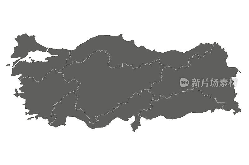 带区域和地理分区的土耳其矢量空白地图。可编辑和明确标记层。