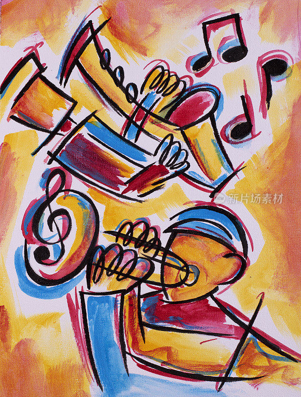 萨克斯和小号爵士音乐家的彩色抽象画
