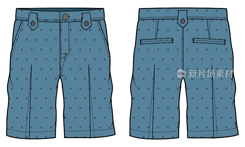 Chino服装短裤设计平面素描矢量插图，牛仔休闲短裤概念与正面和背面的观点，印刷步行百慕大短裤设计插图