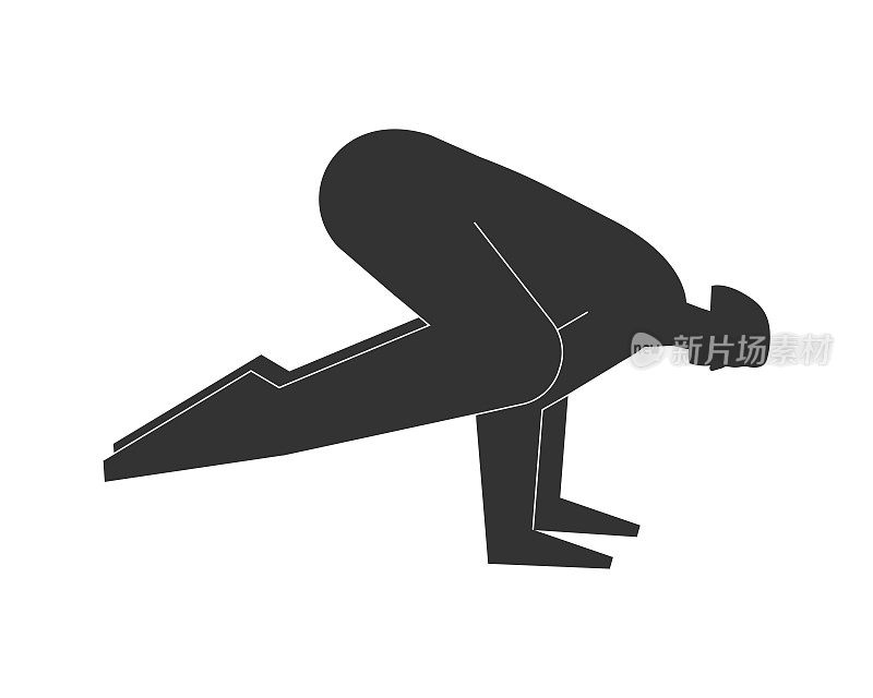 矢量孤立的插图与平面黑色轮廓的女性角色。爱运动的女子在瑜伽课上学习卡卡式姿势。健身运动——乌鸦式。白色背景