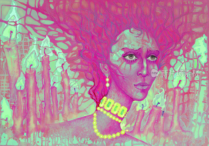 插画艺术油画肖像一个悲剧的女人在黄金珠宝项链和耳环的背景上燃烧的蜡烛在紫色的阴影
