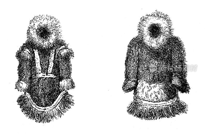 古董插图，民族志和土著文化:阿拉斯加毛皮大衣