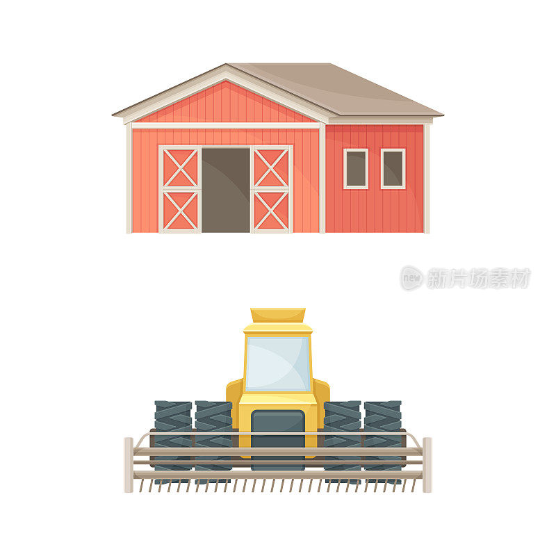 红色木谷仓农场农业建筑和拖拉机收割机工业车辆矢量插图