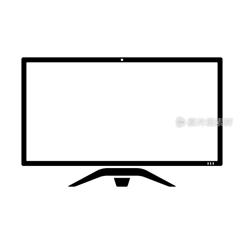 监控图标。电视,屏幕上显示。黑色轮廓线剪影。水平前视图。矢量简单的平面图形插图。孤立的物体在白色背景上。隔离。