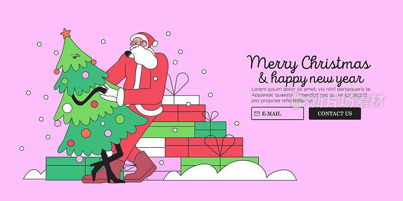 圣诞快乐或新年贺卡与圣诞老人跳舞与圣诞树附近的礼物。创意横幅，卡片，网页，海报，有趣的现代圣诞老人的社交媒体广告。