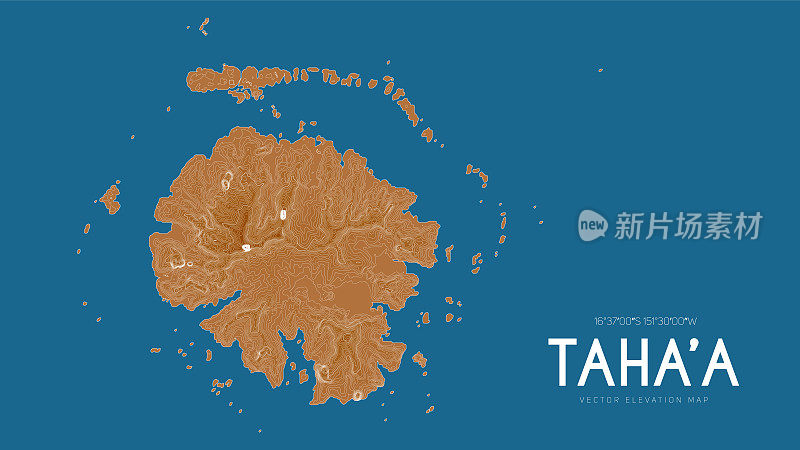 太平洋法属波利尼西亚社会群岛塔哈岛地形图。海岛矢量详细高程图。地理优美的山水轮廓海报。