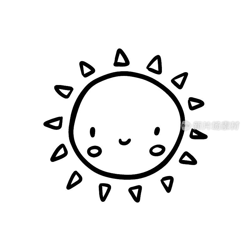 可爱的卡通手绘太阳。甜蜜矢量黑白太阳绘图。孤立的单色涂鸦在白色背景上画太阳。矢量图