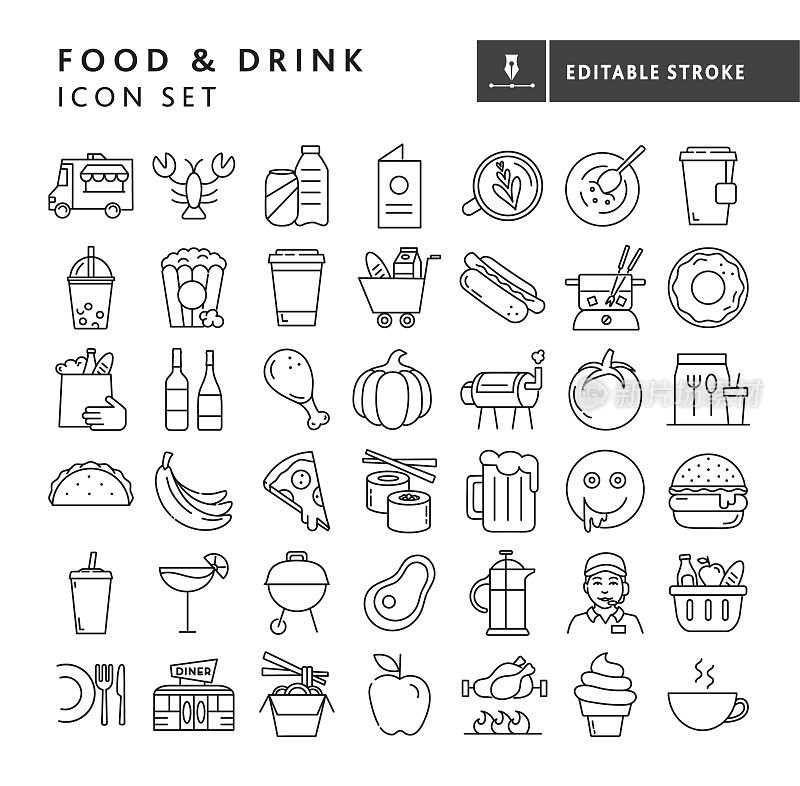 食品和饮料瘦线图标设置快餐，杂货店，餐厅，食品卡车，水果，蔬菜，咖啡，啤酒-可编辑中风