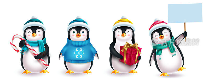 圣诞企鹅字符向量集。3d企鹅人物与帽子，毛衣，标牌和礼物元素孤立在白色背景的圣诞系列设计。