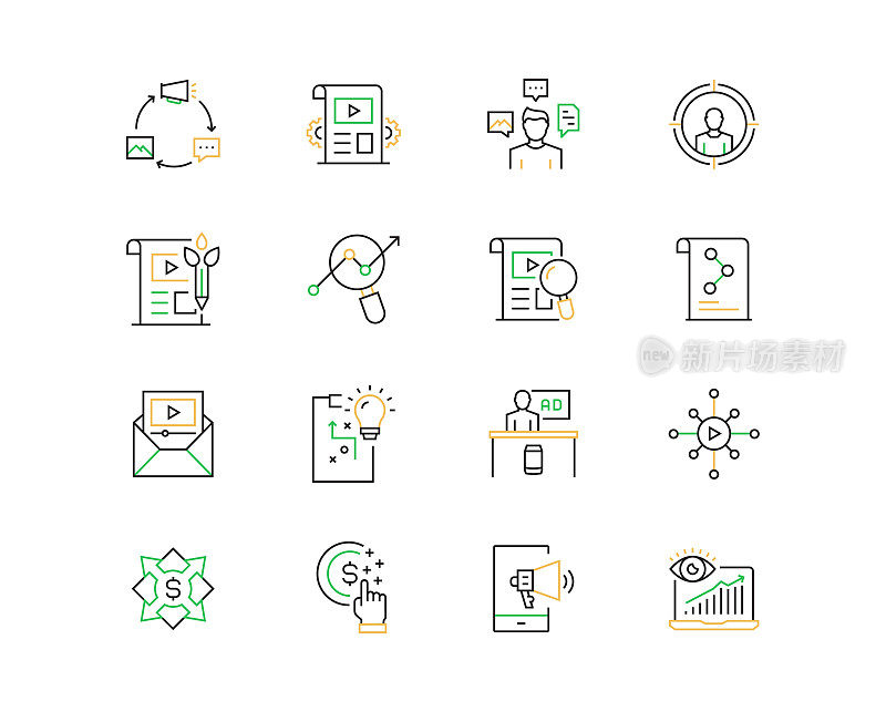 内容营销相关矢量细线图标。大纲符号集合