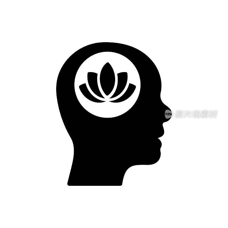 莲花脑健康概念剪影图标。幸福和平，心理健康健康象形图。冥想瑜伽黑色符号。花自然创造力。孤立的矢量图