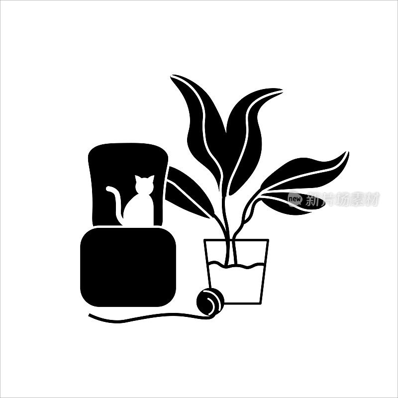 矢量插图的猫坐在扶手椅旁边的一朵苦花。一团线，一只小猫，芦荟，绿叶，一株植物，一朵花，一只动物，沙发，椅子。未来主义的概念。平面设计