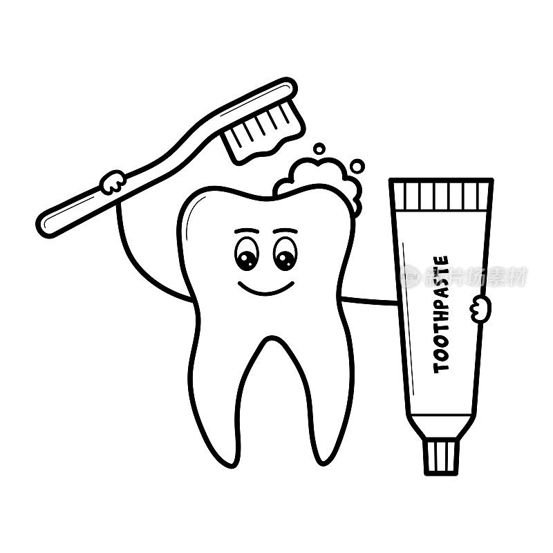 快乐牙齿用牙膏和牙刷。口腔清洁、保健口腔卫生理念。牙科诊所服务、口腔科、牙科的隔离病媒插图。涂鸦素描风格。