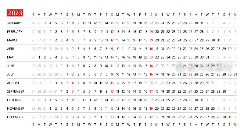 2023年日历。水平线性模板日历。简单的布局图。日历设定为2023年