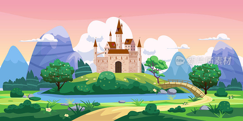 梦幻童话般的城堡景观，青山绿水、绿树、春光、道路、山峦，一览无余。矢量卡通背景插图