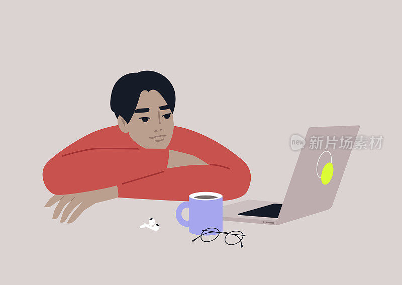 职业倦怠，亚洲男性角色在办公桌上休息，秋季疲劳