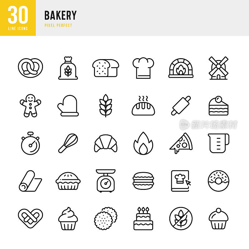 面包店-细线矢量图标集。30图标。像素完美。套装包括饼干，面包，蛋糕，甜食，纸杯蛋糕，松饼，羊角面包，甜甜圈，烤箱，披萨，马卡龙，椒盐卷饼。