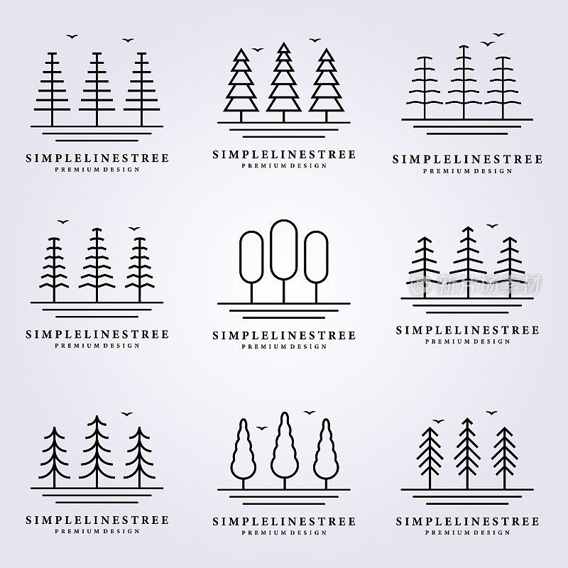 简单的树线自然标志矢量插画设计艺术最小最小的森林简单的图标符号