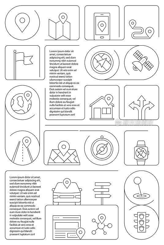 地图和导航相关矢量横幅设计概念，现代线风格与图标