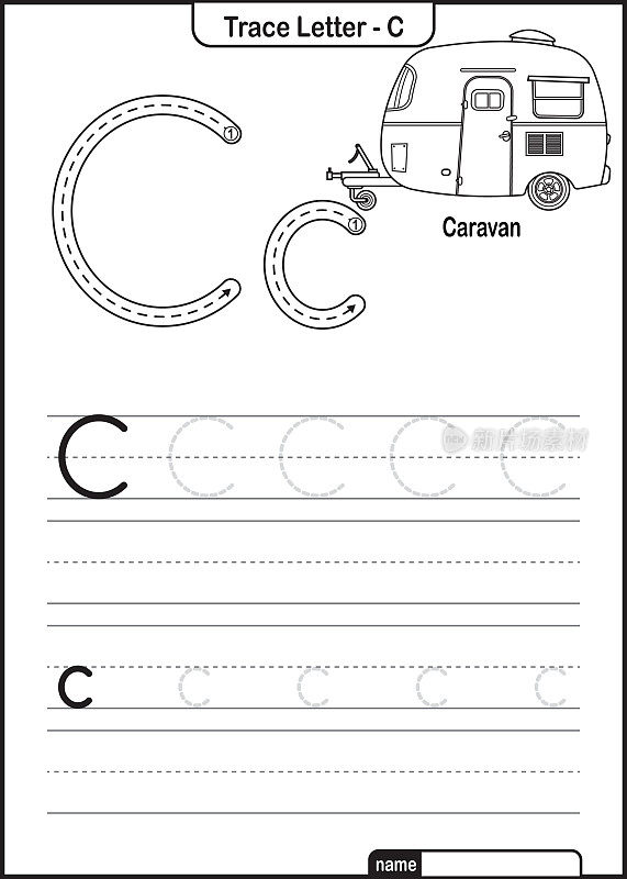 字母跟踪字母A到Z学龄前工作表与字母C商队亲矢量