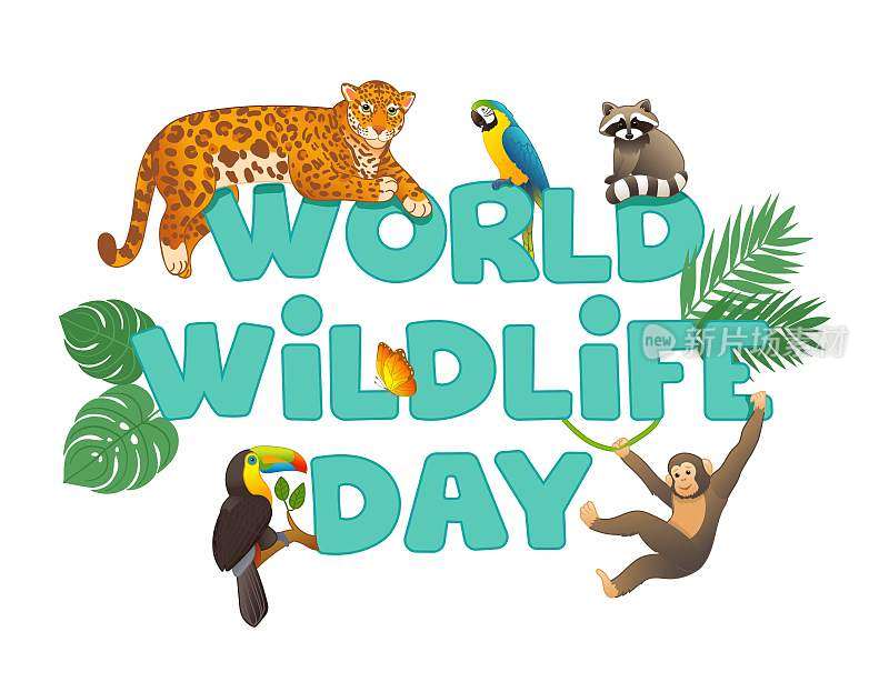 世界野生动物日插图与动物在卡通阶梯