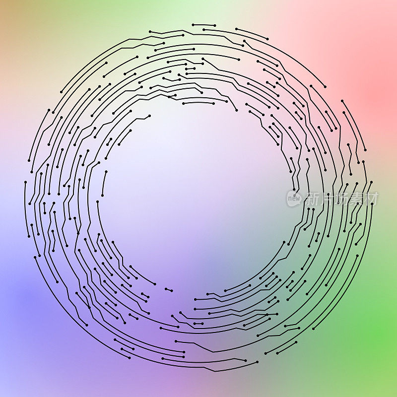 电路板风格抽象圆形电子多色背景图案。
