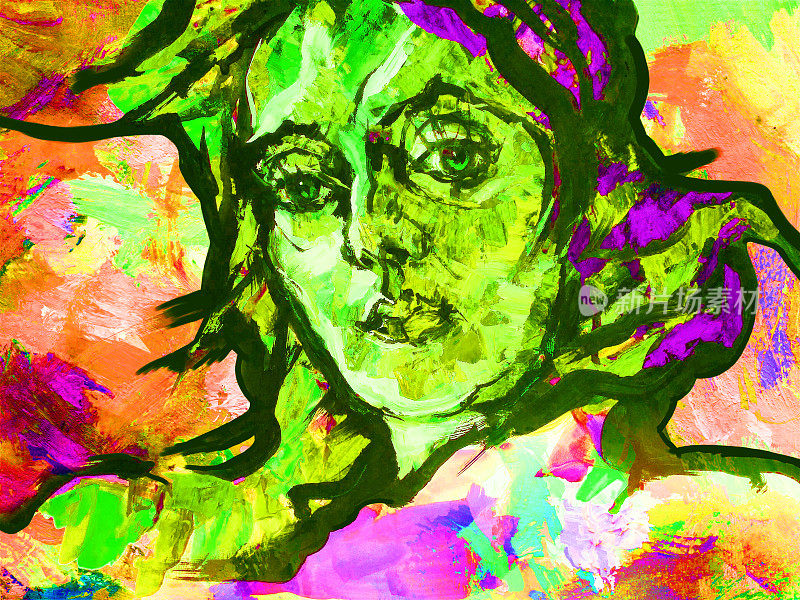 插图油画肖像的一个年轻的女人在一个明亮的颜色在绿色比例的空地的背景