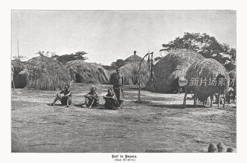 乌干达布尼奥罗(Unyoro)的一个村庄，半色调印刷，1899年出版