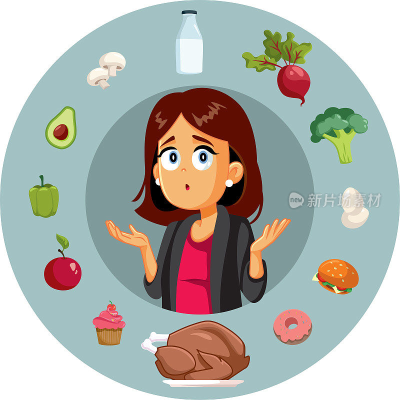 妇女思考吃什么健康饮食概念插图