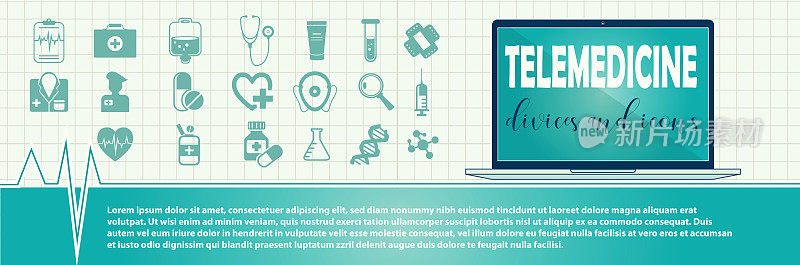 平面风格的远程医疗概念。彩色抽象背景上的笔记本电脑和医疗图标。