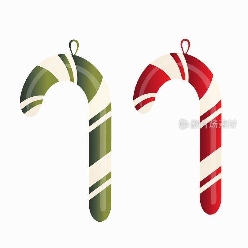 红色和绿色糖果圣诞玩具插图套装。新年前夜的糖果焦糖，棒棒糖剪纸矢量。设计元素为圣诞节，新年，冬季假期甜品，白色的剪贴画