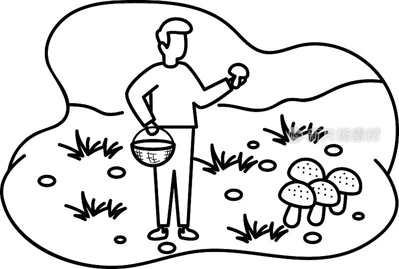 游客采摘蘑菇从花园概念，秋季采摘鸡油菌菌矢量轮廓图标设计，户外周末活动符号，旅游度假场景标志，快乐的人在假期库存